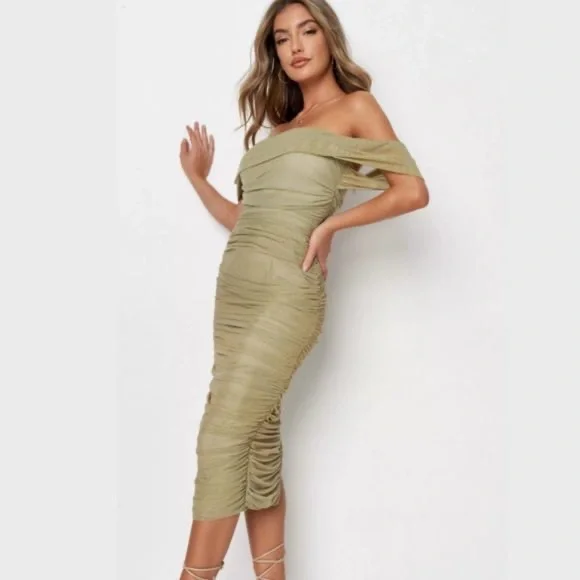 knee length dresses for ladies Bardot Ruched Mesh Midi Dress